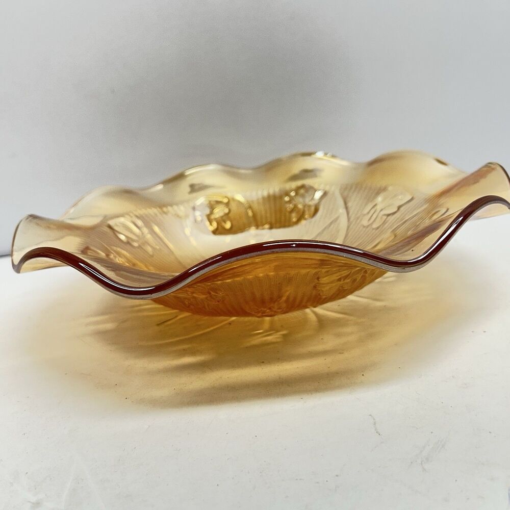 Jeannette Marigold Carnival Glass Iris & Herringbone 11.5” Ruffled Console Bowl